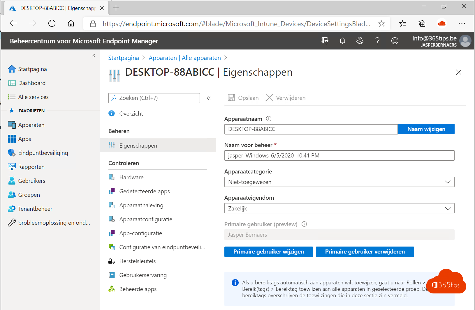 Primaire gebruiker veranderen - EndPoint Manager/Intune