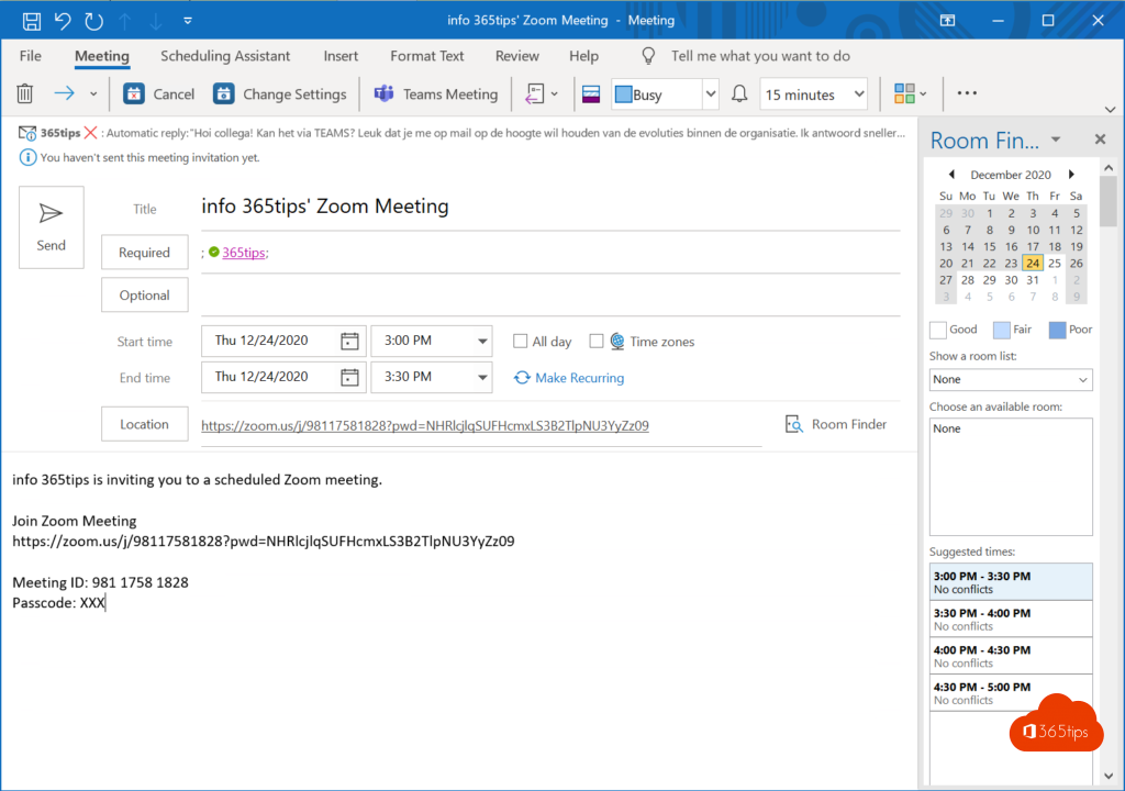Zoom meeting ID Passcode Outlook