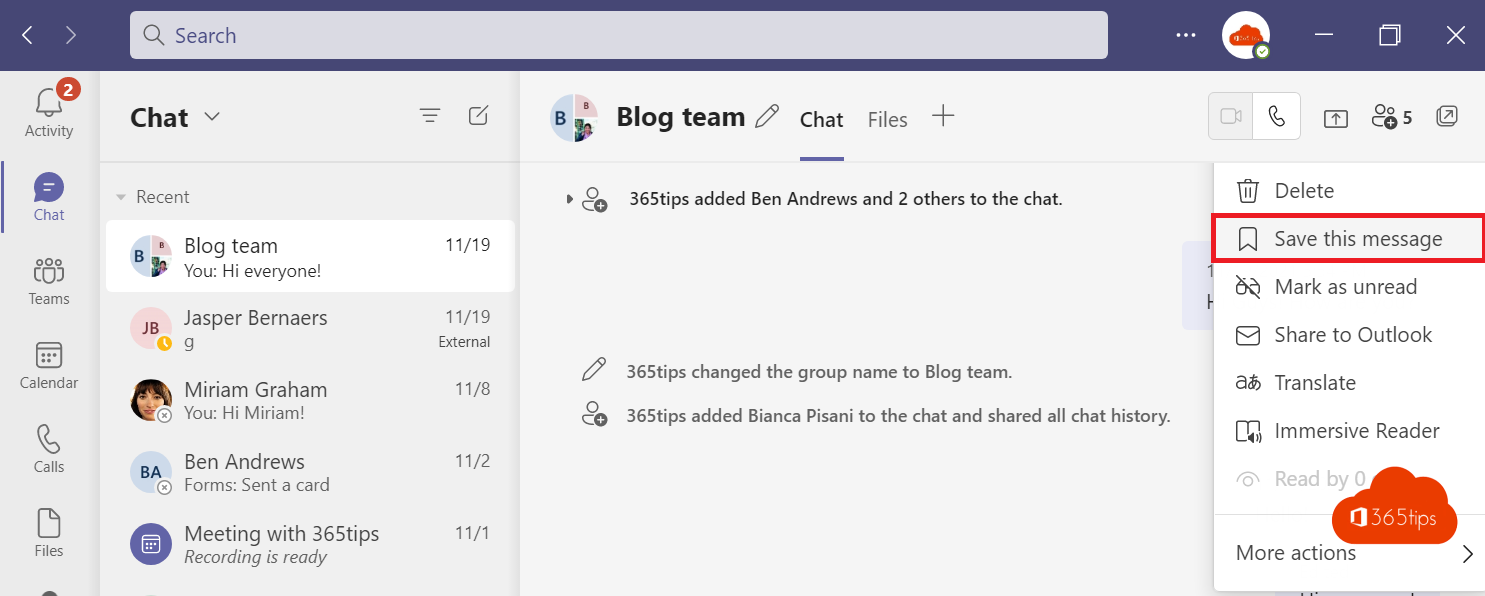 Berichten opslaan en snel terughalen in Microsoft Teams