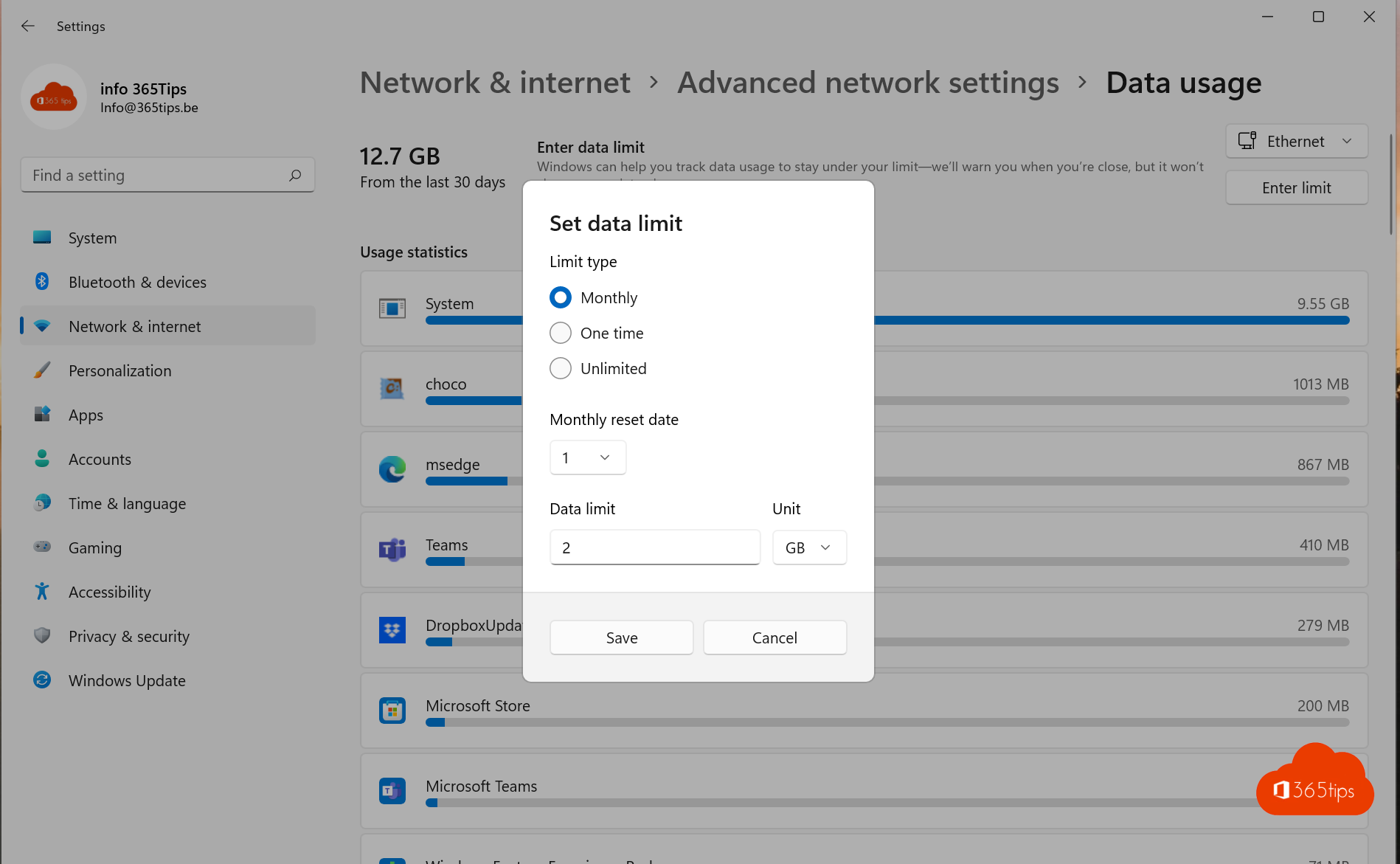 Hoe limiteer je het mobiel in Windows 11?