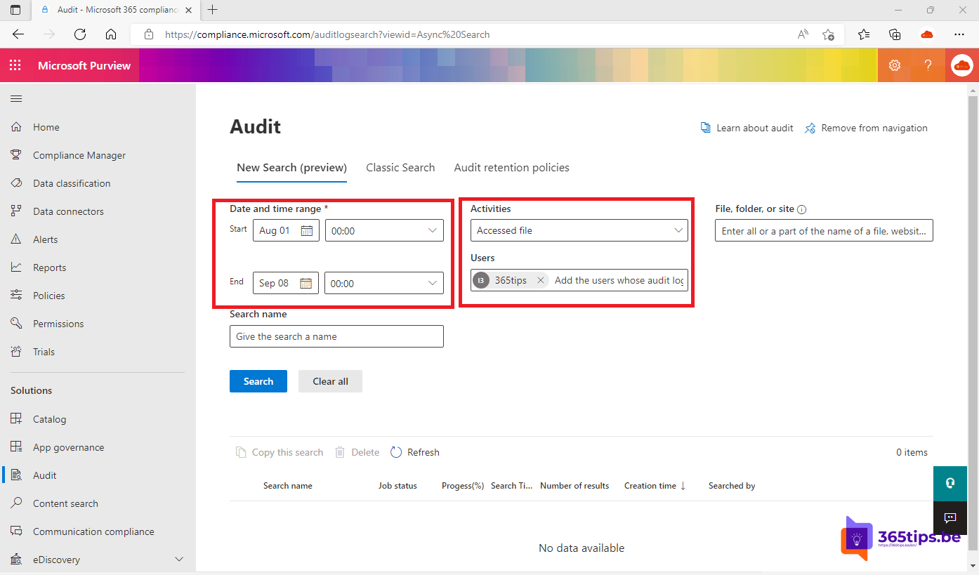 📝 Voer een nieuwe zoekopdracht uit in SharePoint-auditlogs en gebruiksrapporten - Purview