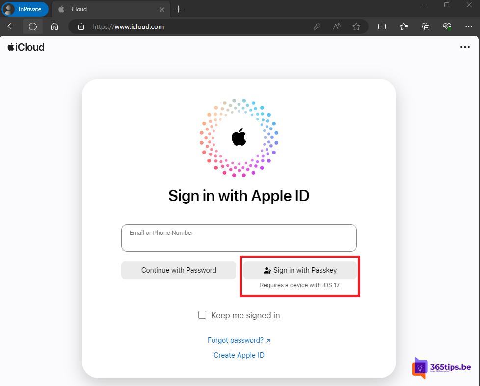Hoe log je in met Passkey in iCloud Online via elke browser? (zonder wachtwoord)