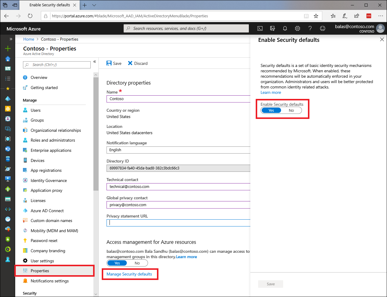 Azure AD — Enable security defaults toggle