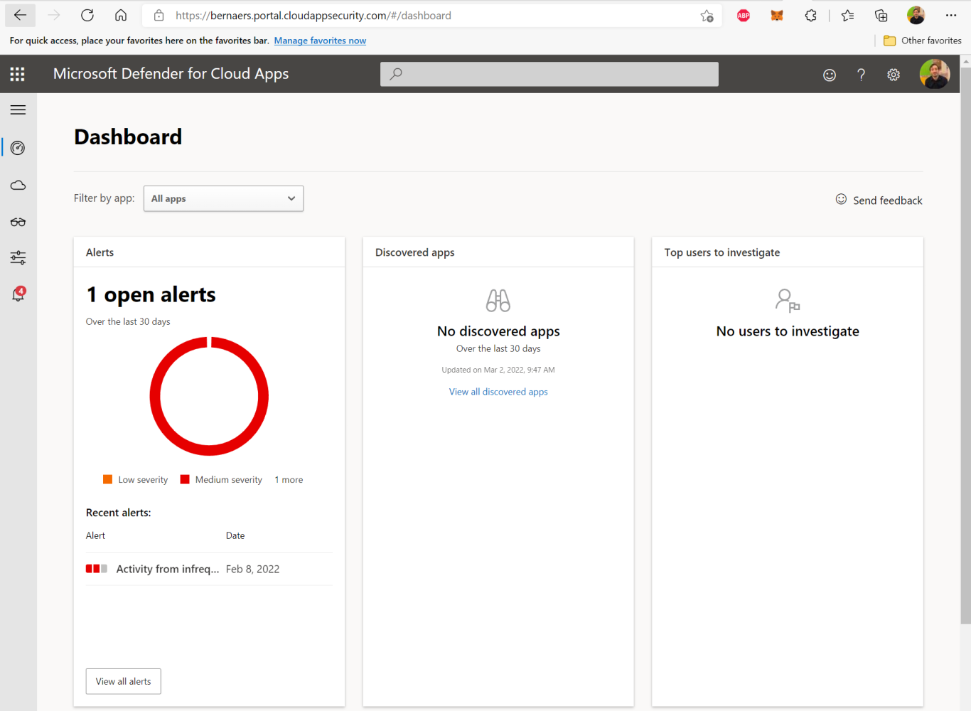 Microsoft Defender for Cloud Apps — open alerts overview
