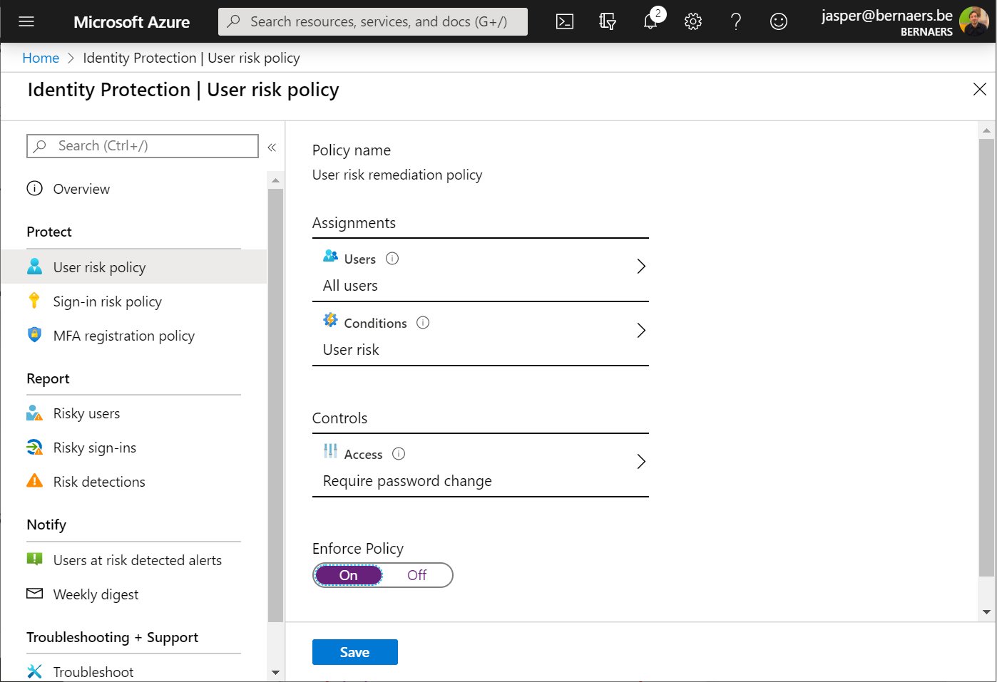 Azure Identity Protection — Conditions: User risk — Medium and above
