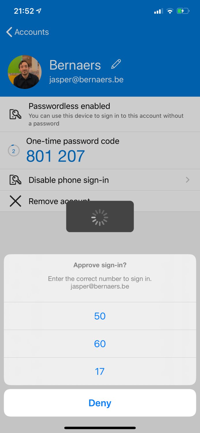 Microsoft Authenticator MFA experience — Approve sign in with number matching, Passwordless enabled, One-time password code on mobile
